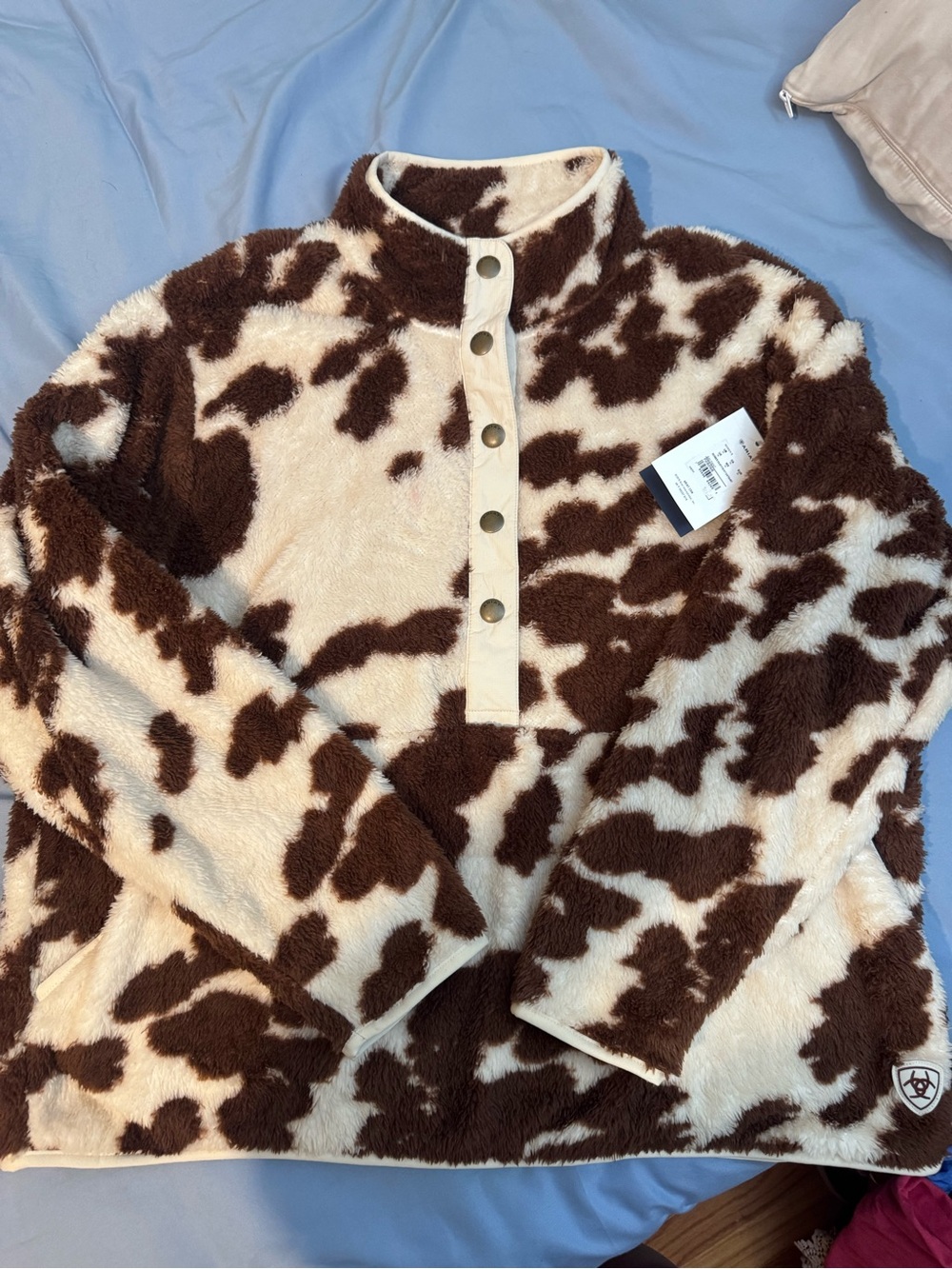 Ariat Cozy Cow Print Snap-Front Fleece Pullover - Brown & Cream-women’s 1x